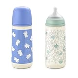 Suavinex, Confezione da 2 Biberon da 360 ml, Tettarella Fisiologica SX Pro in Silicone con Valvola Anticolica, a Flusso Denso (L), Adatto per Pappe Liquide. ​​Neonati +6 Mesi. Birdies e Wild&Free, Blu