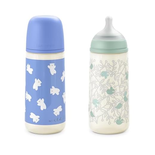 Suavinex, Pack 2 Biberones de 360 ml, Tetina Fisiológica SX Pro de Silicona con Válvula Anticólico, de Flujo Denso (L), Apto Papillas Líquidas. Bebés +6 Meses. Birdies y Wild&Free, Azul