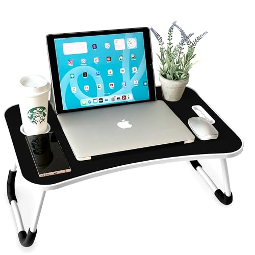 unycos - Bandeja para Cama, Mesa Plegable de Desayuno, Multiusos, Ideal para Portátil, Ordenador y Libros, Ergonómica, Mesa Auxiliar con Atril para Leer en la Cama 60x40x26 cm (Negro sin Cajón)