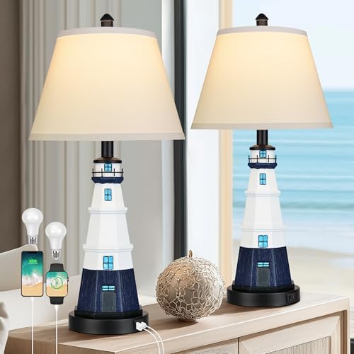 WIHTU Modern Lighthouse Table Lamps Set of 2, White Navy Blue Bed...