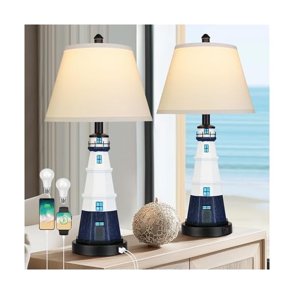 Table lamps set of 2 bedside nautical table lamp modern white navy blue lighthouse nautical style resin reading light nautical theme night lamps nightstand lamps for bedroom bulbs included  urban country home decor