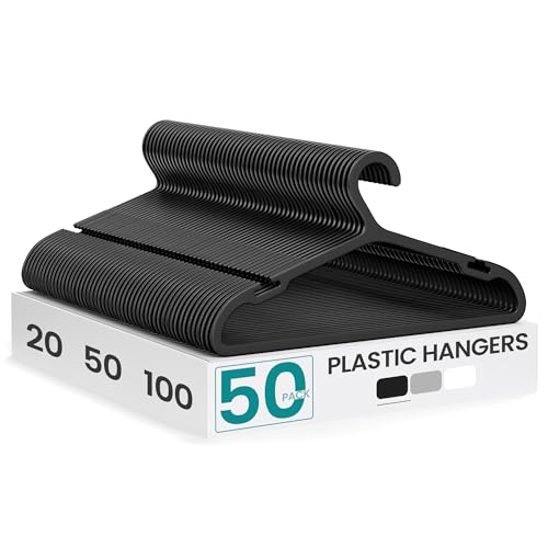 SONGMICS Clothes Hangers, Pack of 50, Plastic Hangers, with Wide Shoulder Notches, Space-Saving Coat Hangers, 16.4 Inches Wide, for Closet, Ink Black UCRP010B01