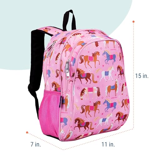 Image of Wildkin 15 Inch Backpack for Kids, Horses | Ages 5-10, padded straps, side water bottle pocket - coordinates with matching Wildkin lunch boxes and water bottles