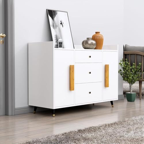 Image of Bniture Wooden Sideboard Cabinet for Living Room | Wooden Storage Cabinet with 2 Door & 3 Drawer | Engineered Wood Multipurpose Cabinet with Spacious Shelves for Home | Frosty White