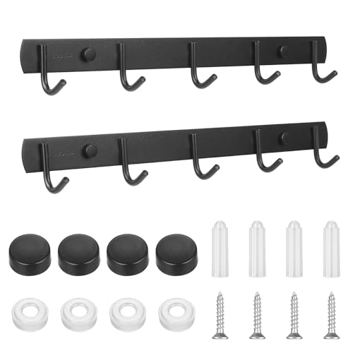 SZYILIDA 2 Pcs Support ustensiles cuisines, porte ustensiles de cuisine muraux avec 5 crochets, barre cuisine ustensile en noir pour tasses, mugs, casseroles...