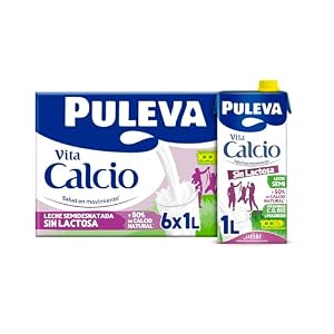 Puleva Vita Calcio - Leche Semidesnatada Enriquecida con Calcio, Sin Lactosa, Magnesio, Proteínas y Vitaminas A, D, C, K y B12, Sin Gluten y Sin Azúcares Añadidos, Pack 6 x 1L