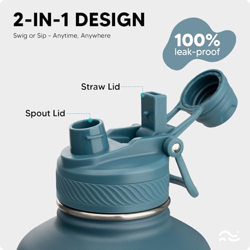 Image of Swigina 64 oz Insulated Water Bottle with Silicone Boot (48hrs Cold /24hrs Hot) - DIY Stickers, Leakproof, BPA Free, Half Gallon [2-IN-1 LID