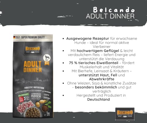 Belcando Adult Dinner - 3x1kg Trockenfutter Bundle für ausgewachsene Hunde – Mit Geflügel, Reis & Traubenkernmehl – Ideal für Hunde mit normaler Aktivität – Hoher Fleischanteil – Made in Germany