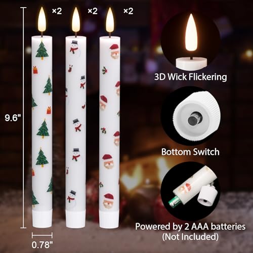 Image of Eldnacele Christmas Taper Flameless Candle Remote and Timer, Battery Operated 3D Wick Flickering Christmas Tree,Santa,Snowman Decal Candles Real Wax LED Candles Dinner Holiday Decor(6Pcs,0.78 inchx9.6 inch