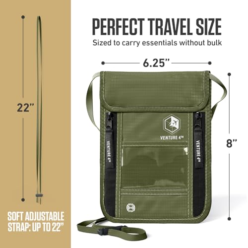Image of VENTURE 4TH Passport Holder Neck Wallet with RFID Blocking - Hidden Neck Pouch (Army Green)