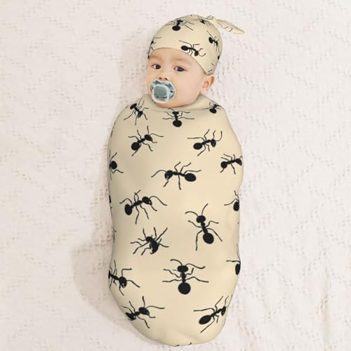 Image of Cartoon Black Ants Newborn Swaddle Blankets Hat Sets Soft Baby Receiving Blanket Swaddle Sack for Baby Shower Infant Boy Girl Gift