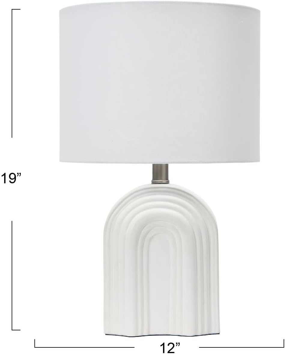 Creative Co-Op Carved Arch Stoneware Table Lamp with Linen Drum Shade, White