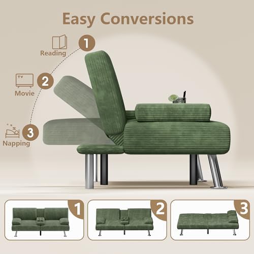 Flamaker Futon Sofa Bed Corduroy Folding Couch Adjustable Sleeper Sofa Bed for Small Apartment Upholstered Living Room Furniture Set with 2 Cup Holders Removable Armrests (Green) 5 41vbNVqHl7L. AC