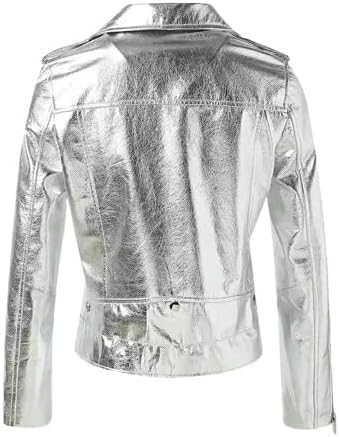Women's Silver Metallic Faux Leather Fashion Moto Jacket/Metallic Faux Leather Biker Jacket for Women, Handmade Jacket Coat