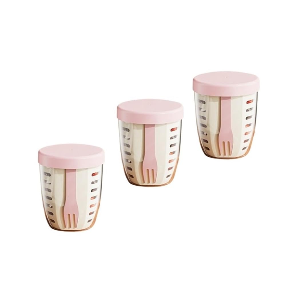 Lopheco 3pcs Double Wall Salad Cup - Portable Leak Proof Oat Container with Fork for Students and Professionals(Pink-3PCS)