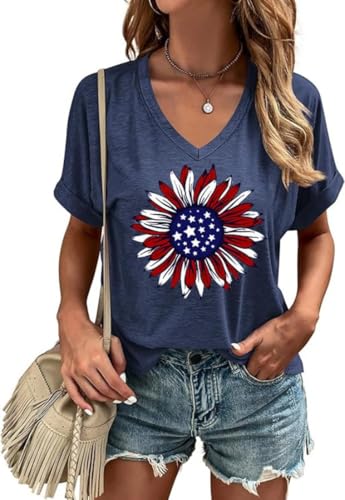 4th of July Patriotic V Neck Shirt for Women Funny American Flag Graphic Tee Summer Short Sleeve T-Shirt Blouse