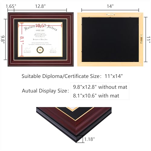 CORE ART 11x14 Diploma Frame Certificate Frames 8.5 x 11 with Black Mat or 11 x 14 without Mat, College Degree Frames Award Document Frame for Wall Display（Dark Red） by CORE ART - Image 3