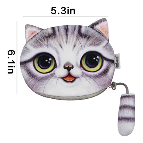 Cute 3D Plush Cat Face Coin Purse Kitty Money Bag Pouch Wallet Storage Cosmetic Makeup Case With A Cat Tail Zipper. Grey #TOP5