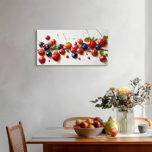 crmotu Still Life Fruit Wall Art, Rustic Kitchen Wall Decor Paintings, Fresh Cherry Strawberry Large Artwork, Modern Vibrant Pictures for Living Room Dining Room Restaurant Canvas Prints 20x40 Inch