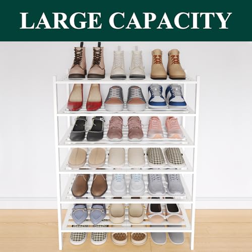 Image of Smiry Bamboo Shoe Rack, 5 Horizontal Slats, 6 Tier - 26.8 inch Wide, White