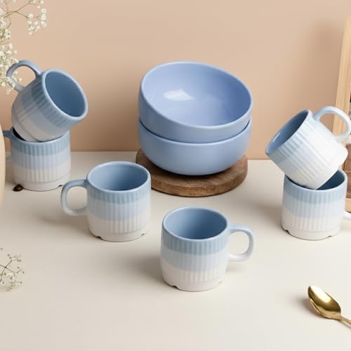 Image of The Earth Store Sky Blue Ceramic Snack Bowl & Tea Cup Combo | 2 Bowls + 6 Tea Cups(Fringe) | Microwave & Dishwasher Safe | Multipurpose Combo for Coffee, Snacking, Diwali Gifting