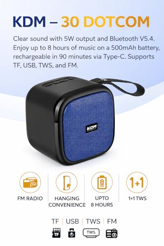 Image of KDM 30 DotCom Portable Bluetooth Speaker, 5W Clear Sound, 8H Playtime, TWS Pairing, FM Radio, Hanging Strap, USB /TF, Type-C Charging, Compact Design,Blue
