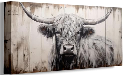 Highland Cow Canvas Wall Art Rustic Black White Cow Painting Picture Wall Decor Large Farmhouse Animal Poster Print Artwork For Living Room Bedroom Office Home Decoration 20x40 inches