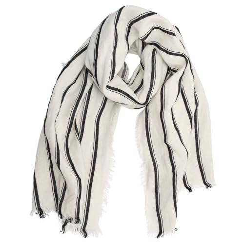 Image of HSOFTIFY 100% Pure Linen Stripe Scarf with Fringe for Women Men, Black