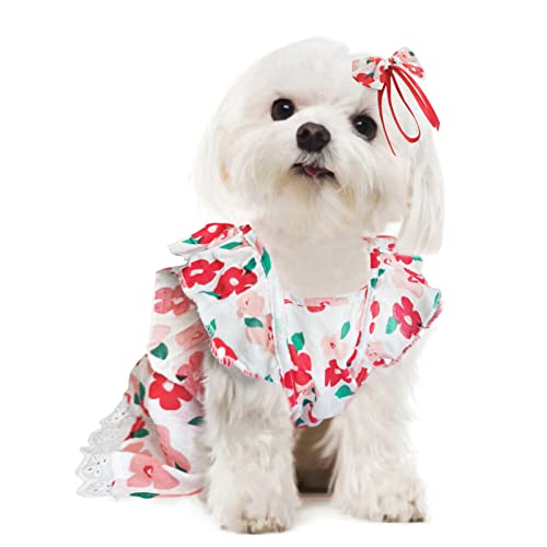 Dog Dress for Small Dogs Girl Chihuahua Yorkies Female Dog Clohtes Pet Summer Sundress Puppy Tutu Princess Dresses with Dog Bowknot Hair Bows Doggie Cats Skirt Outfits,Flower Pattern