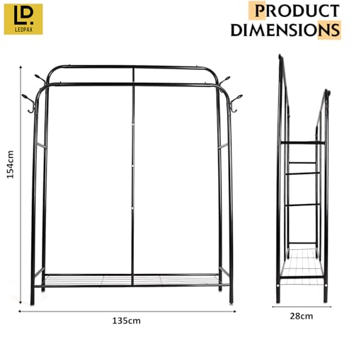Image of LEOPAX Premium Metal Garment Rack, Coat Rack, Clothes Stand, Closet Organizers and Storage with Single Layer Shelf for Storing Clothes, Shoes, Bags - Black - 135 x 28 x 154cm