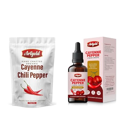 Arigold Organic Cayenne Pepper Powder (6 oz) + Cayenne Pepper Liquid Drops with Vitamin D3, K2 & Herbal Blend – Natural Hot Spice & Vegan Supplement