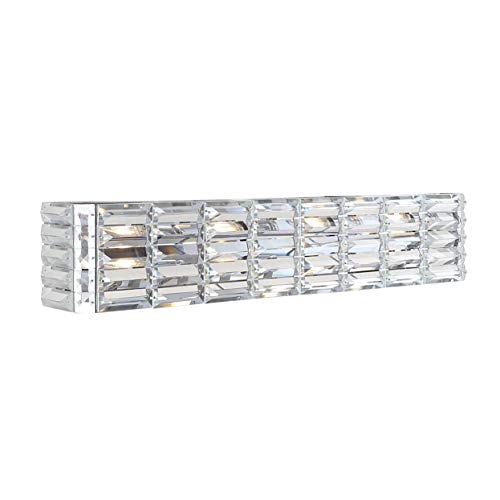 Image of JONATHAN Y 31.75 inch Chrome Modern Crystal Vanity Light, LED Bathroom Wall Sconce, 4-Light Fixture for Mirror, Glam Lighting with Clear Crystal Shade, Art Deco Makeup Wall Lamp (JYL7541A)