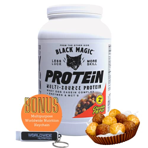 Black Magic Multi-Source Casein Protein Powder - Whey, Egg Albumin Enzymes, Micellar Casein & MCT - Muscle Mass Gaining - Bodybuilding - Chocolate PB Puffs Flavor - 2 LB w Worldwide Nutrition Keychain