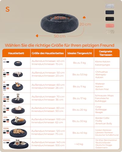 Feandrea Hundebett flauschig, Katzenbett, Donut Kissen, waschbar, Polsterung in der Mitte herausnehmbar, Langer Plüsch, 50 cm Durchmesser, dunkelgrau PGW037G02