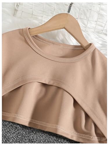 Image of BEAUDRM Girl's 3 Piece Outfits Heart Print Cami Crop Top Long Sleeve High Low Hem Top T Shirt and Wide Leg Pants Set Khaki 11-12Y