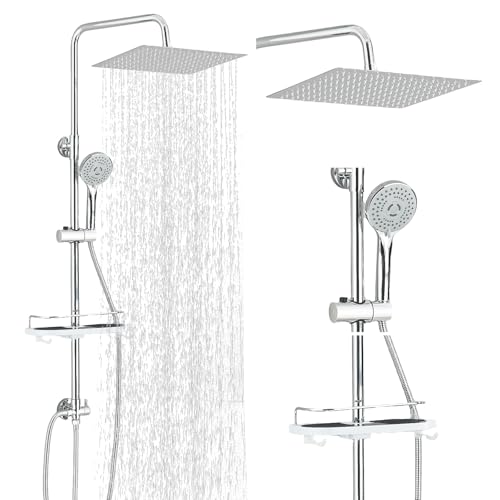 Hevenaov Duscharmatur Regendusche Komplettset | Duschstange mit Brause | Duschbatterie | Thermostat Duschsystem | Einhebelmischer | Edelstahl | Für Badezimmer Dusche