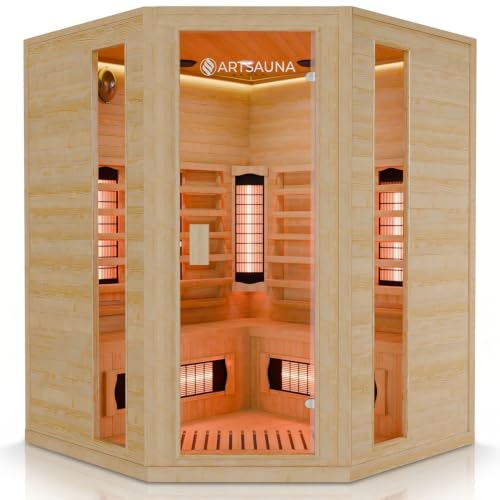 Artsauna Eck-Infrarotkabine Nyborg E150V - Infrarotsauna 150x150 cm Vollspektrumstrahler für 4 Personen - LED-Farblicht - Wärmekabine aus Hemlockholz