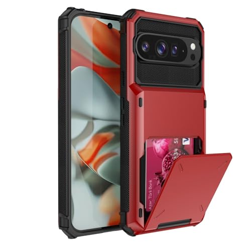 Étui Pixel 10 Pro 5G rouge avec porte-carte et coque rigide silicone