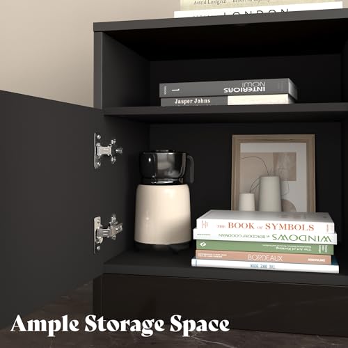 Image of AMERLIFE 80 inch Fireplace TV Stand with 40 inch Electric Fireplace | Black & White Finish, High Gloss Surface, Modern Entertainment Center, Storage Cabinets, 12 Colors LED Lights, Fits 90 inch TVs