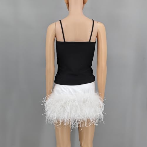 LVCOMEFF Satin Silk Mini Skirt with Feather Trim Skirt Low Waisted A-Line Short Skirt Y2k Club Outwear3