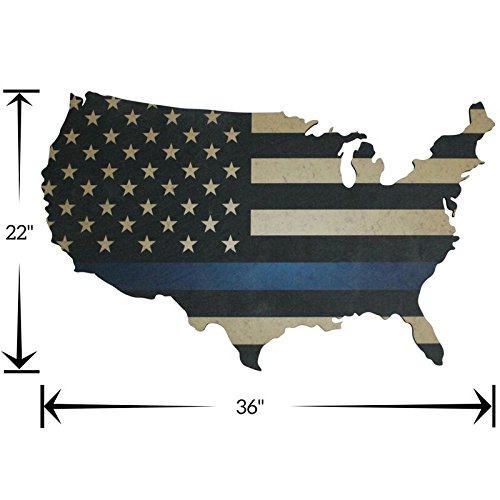 Thin Blue Line American Flag Wall Art Large 36” X 22” Laser Cut Wood Map With Distressed Vintage Us Flag Print #TOP5