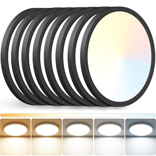 Peasur 12 inch LED Ceiling Light, 3000K/3500K/4000K/5000K/6500K Adjustable Flush Mount Light Fixture,3200LM 28W Thin Black Round Lamp for Hallway Kitchen Bathroom Bedroom, 8Pack