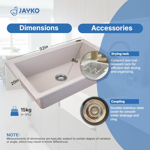 Image of JAYKO Quartz Acrylic Kitchen Sink for Modular Kitchen | Granite Finish, Scratch & Heat Resistant | Easy to Clean & Stylish Sink for Home (RA, 32x20in)