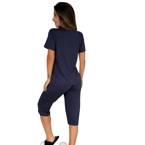 Pijama Feminino Manga curta e Capri Suede Confortável (BR, Alfa, GG, Regular, Regular, Azul Marinho)