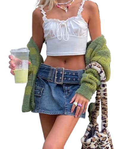 Argeousgor Women Aesthetic Low Waist Denim Skirts Y2K Belted Jean Skirt Pleated A-line Mini Skirt Trendy 2000s Streetwear