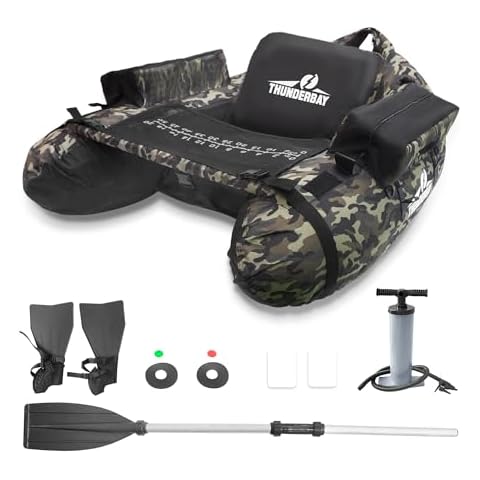 ThunderBay Inflatable Float Tube, Fishing Float Tube with Paddle, Flippers, Fish Ruler, Pump, Storage Pockets, Adjustable Backpack Straps, 350LBS Load Bearing Capacity Belly Boat Cover