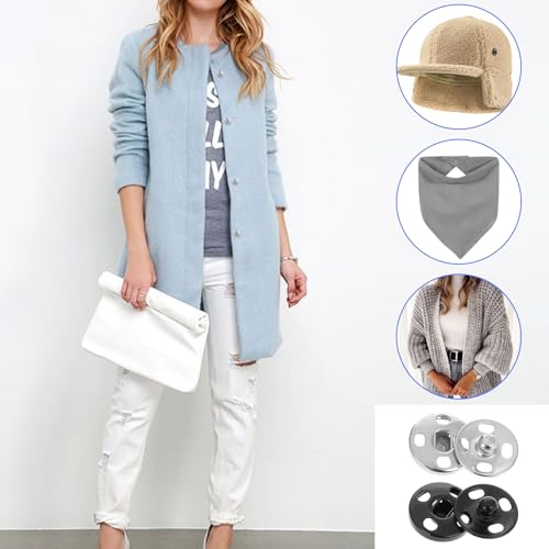 Thinp 100 Paar Druckknöpfe,Druckknöpfe zum Annähen,Metall Druckknöpfe,Druckknöpfe Schwarz Silber,10mm snaps,Druckknopf Set,Verschlussknöpfe für Geldbeutel Handtasche Kleidung DIY Handwerk Nähreparatur