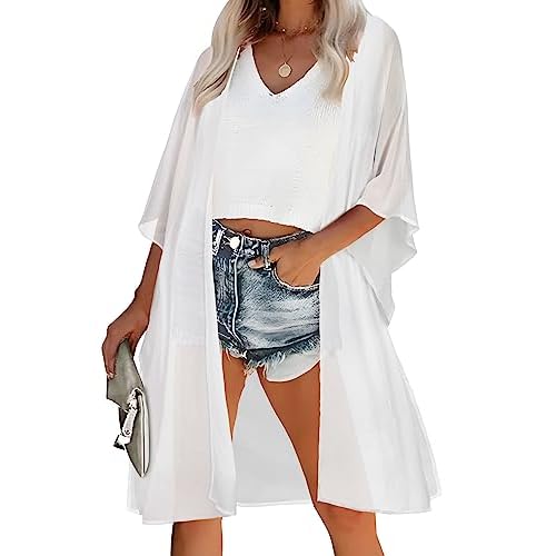 Women's Kimono Swimsuit Coverups Summer Beach Loose Cardigans for Swimwear Small Soild White