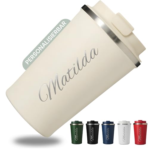 SMARTEON Thermobecher personalisiert mit Namen Edelstahl Kaffeebecher To Go auslaufsicher doppelwandig isoliert minimalistischer Coffee Mug To Go Geschenk für Frauen & Männer (Beige)