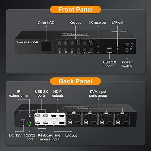 Tesmart Kvm Switch 3 Monitors 4 Computers 4K@60Hz 4:4:4, Support 3 Usb Peripherals, 2 Audio Out, Mechanical, Multimedia Keyboards, Rs232, Triple Monitor Hdmi Kvm Switches 4 Port Box With Kvm Cables #TOP7